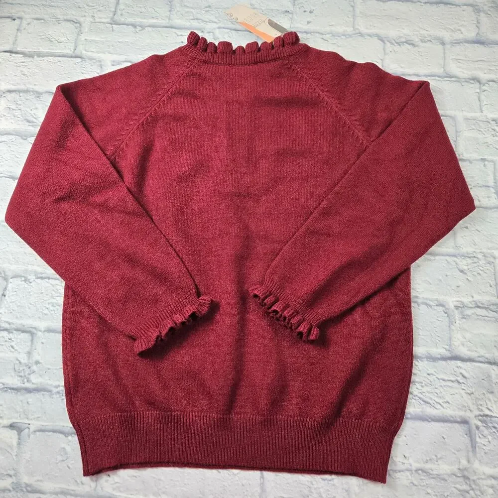 Demure BTFBM Cranberry Holiday Henley High Neck Pullover Sweater Ruffles Buttons